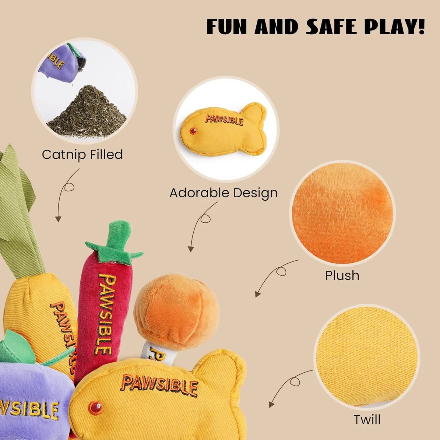 Pawsible 5-Pack Gourmet Cat Toy Set with 100% Premium Herbal Filling for Natural Stimulation, Durable Design for Teething Kittens
